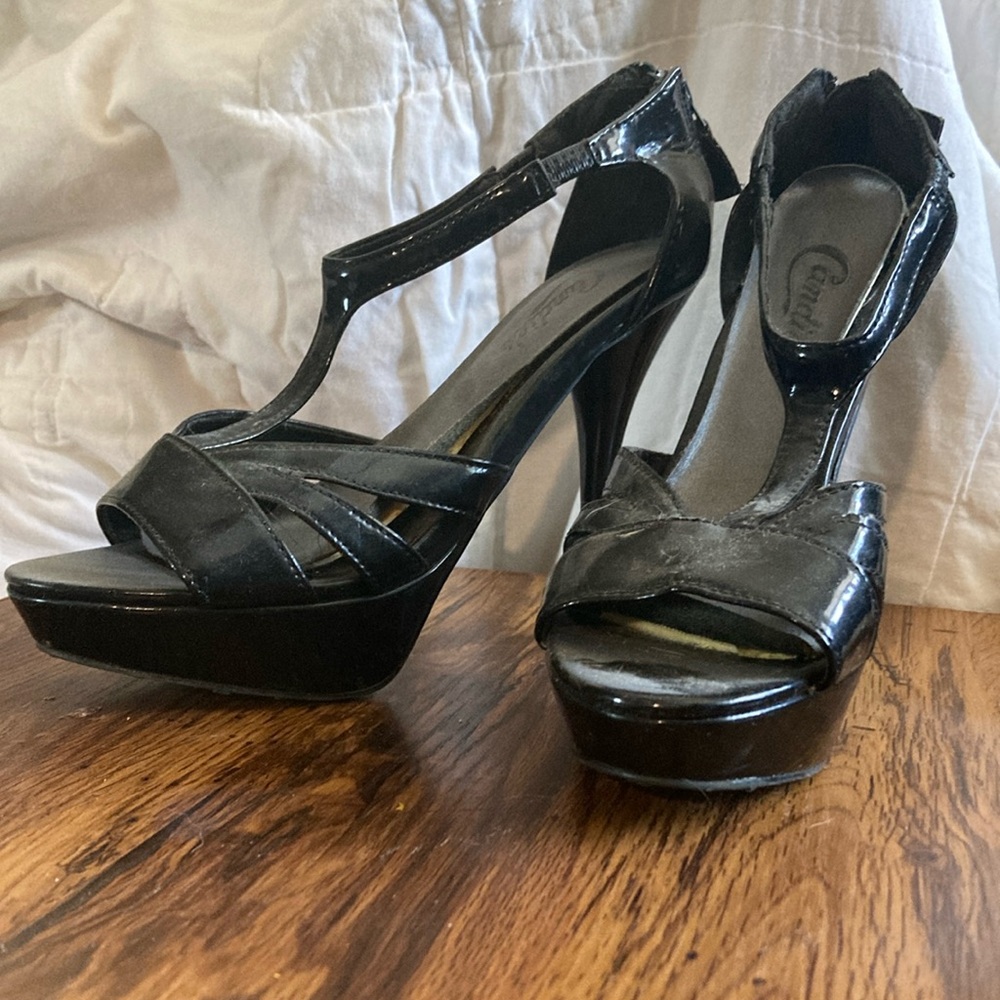 Candie's Black Heels with T-Strap and Platform Sole